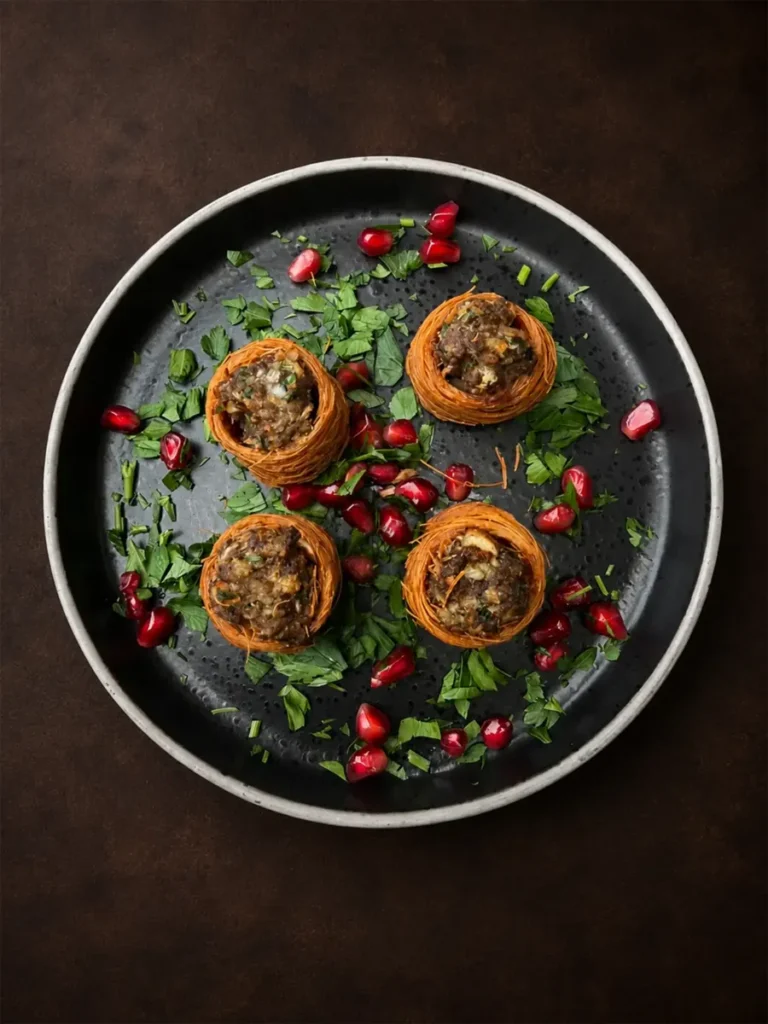 kataifi-nestjes met vlees, granaatappel